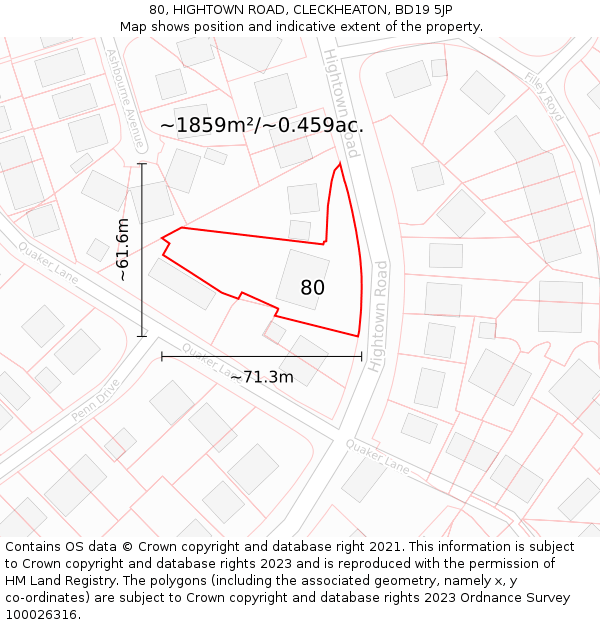 80, HIGHTOWN ROAD, CLECKHEATON, BD19 5JP: Plot and title map
