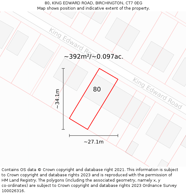 80, KING EDWARD ROAD, BIRCHINGTON, CT7 0EG: Plot and title map