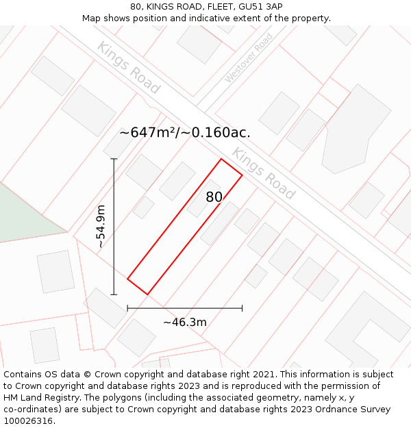 80, KINGS ROAD, FLEET, GU51 3AP: Plot and title map