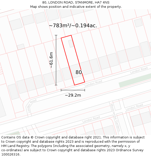 80, LONDON ROAD, STANMORE, HA7 4NS: Plot and title map