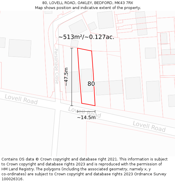 80, LOVELL ROAD, OAKLEY, BEDFORD, MK43 7RX: Plot and title map