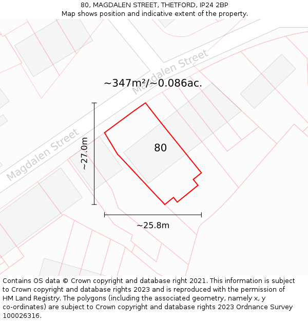 80, MAGDALEN STREET, THETFORD, IP24 2BP: Plot and title map