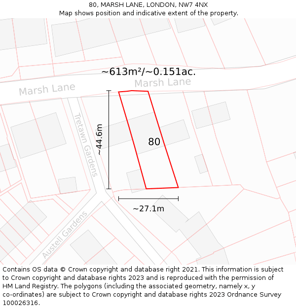 80, MARSH LANE, LONDON, NW7 4NX: Plot and title map