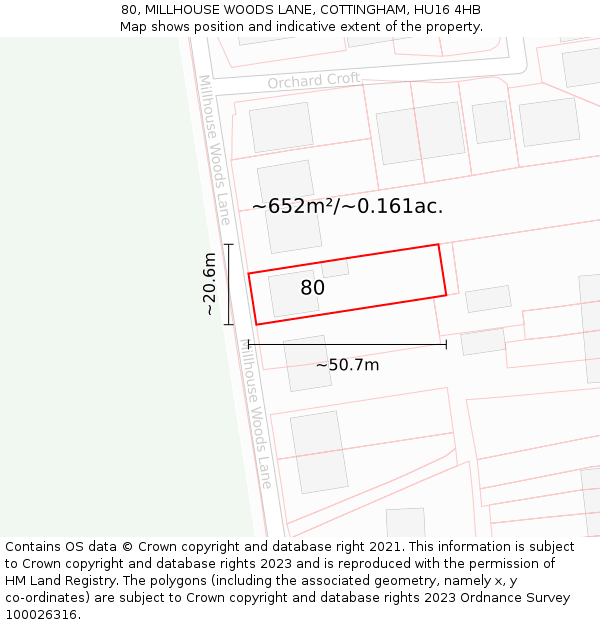 80, MILLHOUSE WOODS LANE, COTTINGHAM, HU16 4HB: Plot and title map