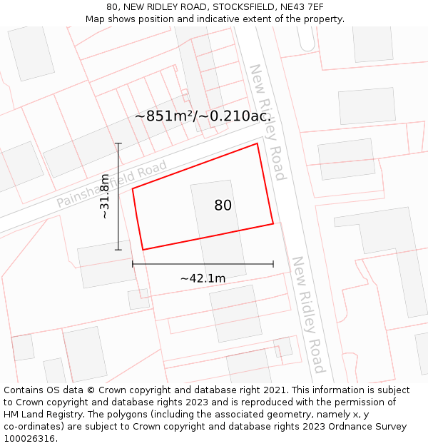 80, NEW RIDLEY ROAD, STOCKSFIELD, NE43 7EF: Plot and title map