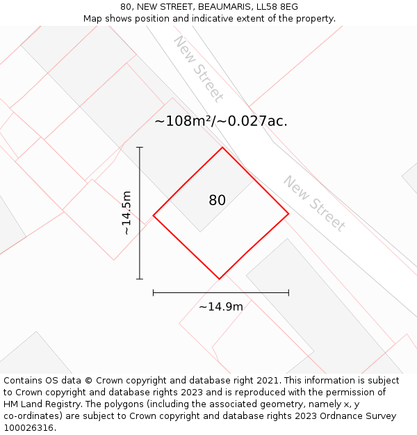 80, NEW STREET, BEAUMARIS, LL58 8EG: Plot and title map