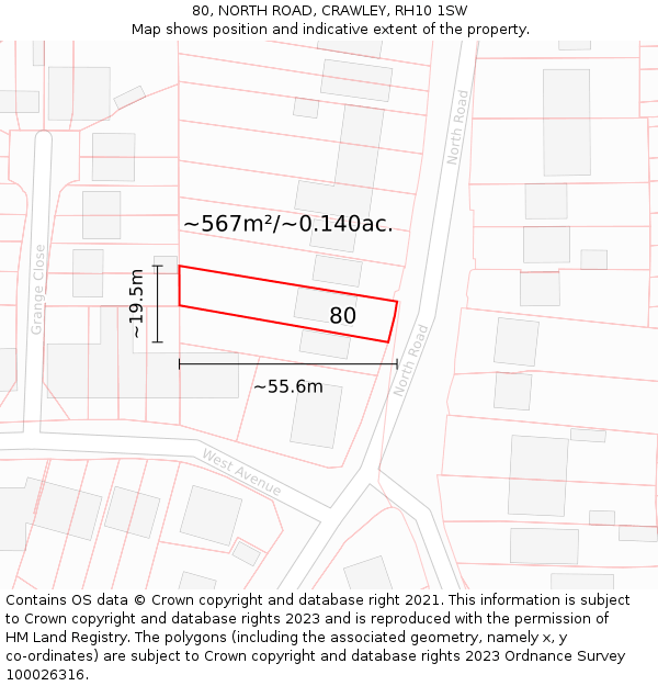 80, NORTH ROAD, CRAWLEY, RH10 1SW: Plot and title map