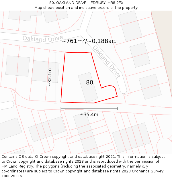 80, OAKLAND DRIVE, LEDBURY, HR8 2EX: Plot and title map