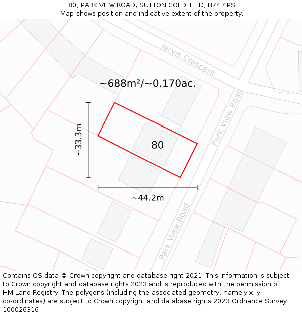 80, PARK VIEW ROAD, SUTTON COLDFIELD, B74 4PS: Plot and title map