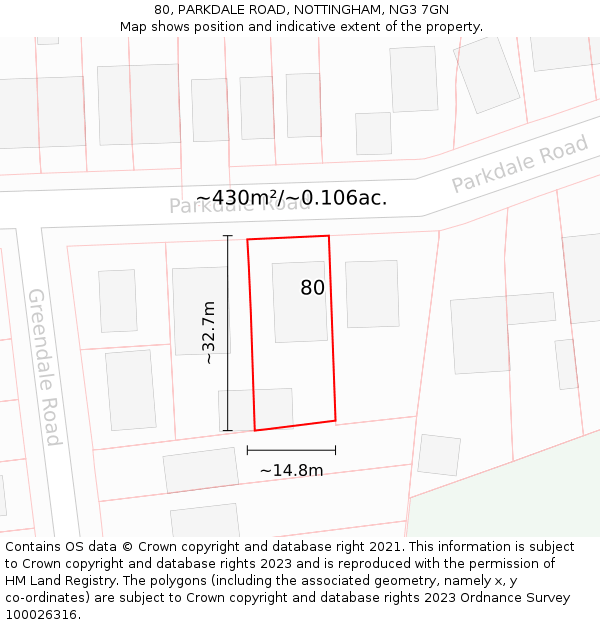 80, PARKDALE ROAD, NOTTINGHAM, NG3 7GN: Plot and title map
