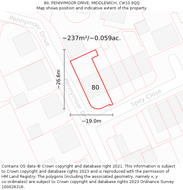 80, PENNYMOOR DRIVE, MIDDLEWICH, CW10 9QQ: Plot and title map