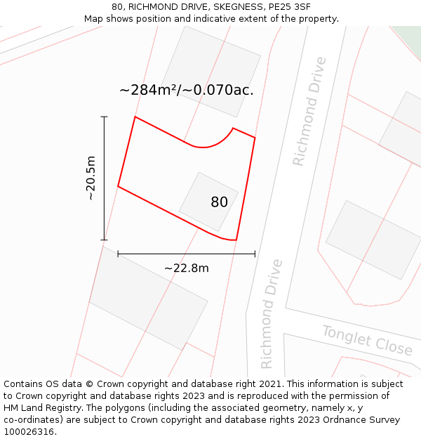 80, RICHMOND DRIVE, SKEGNESS, PE25 3SF: Plot and title map