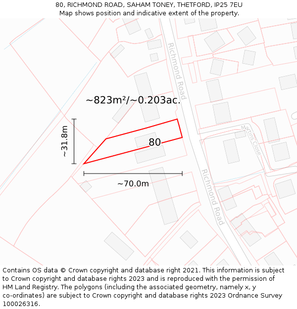 80, RICHMOND ROAD, SAHAM TONEY, THETFORD, IP25 7EU: Plot and title map