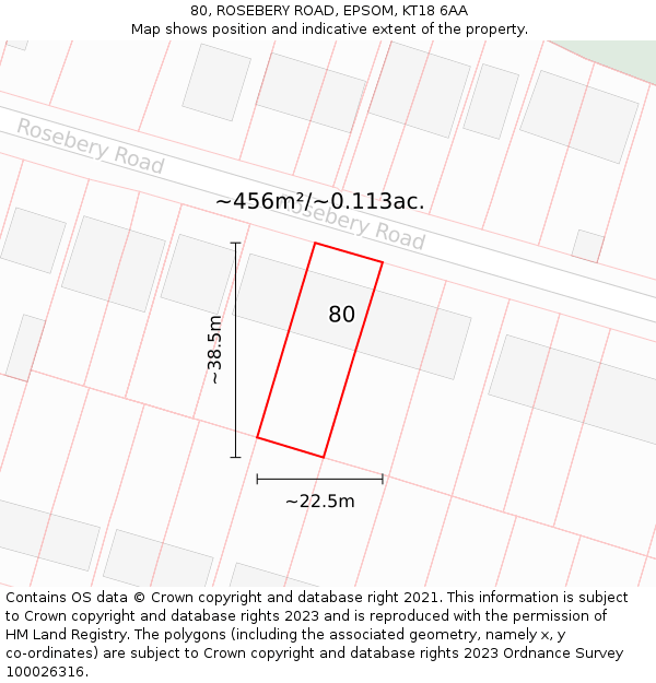 80, ROSEBERY ROAD, EPSOM, KT18 6AA: Plot and title map