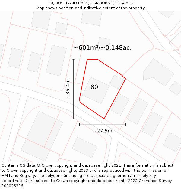 80, ROSELAND PARK, CAMBORNE, TR14 8LU: Plot and title map