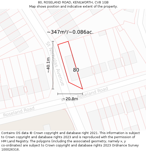 80, ROSELAND ROAD, KENILWORTH, CV8 1GB: Plot and title map