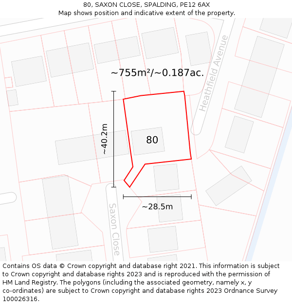 80, SAXON CLOSE, SPALDING, PE12 6AX: Plot and title map