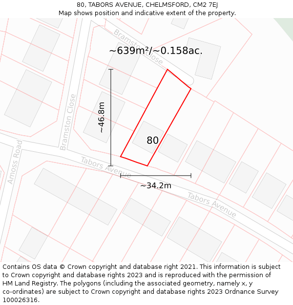 80, TABORS AVENUE, CHELMSFORD, CM2 7EJ: Plot and title map