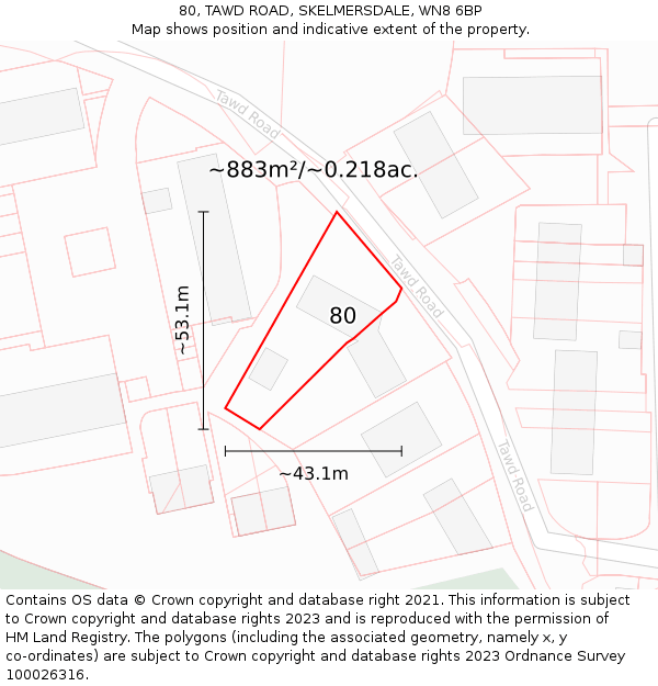 80, TAWD ROAD, SKELMERSDALE, WN8 6BP: Plot and title map