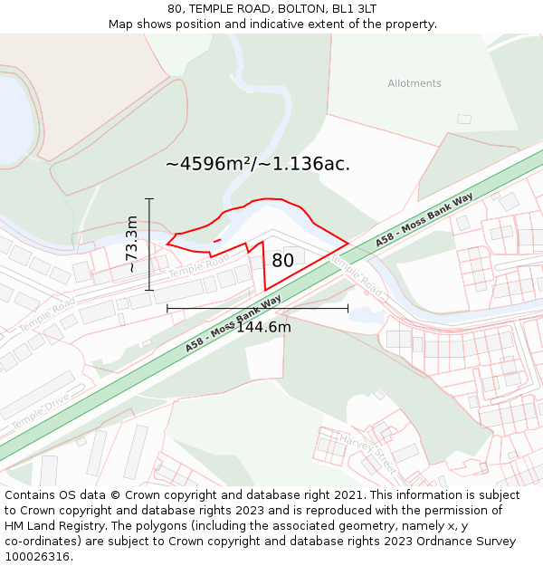 80, TEMPLE ROAD, BOLTON, BL1 3LT: Plot and title map