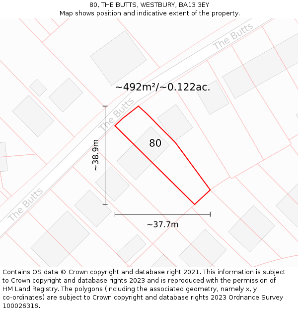 80, THE BUTTS, WESTBURY, BA13 3EY: Plot and title map