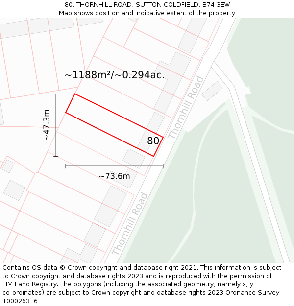 80, THORNHILL ROAD, SUTTON COLDFIELD, B74 3EW: Plot and title map