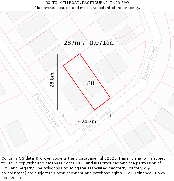 80, TOLKIEN ROAD, EASTBOURNE, BN23 7AQ: Plot and title map