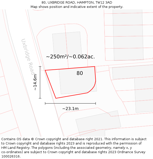 80, UXBRIDGE ROAD, HAMPTON, TW12 3AD: Plot and title map