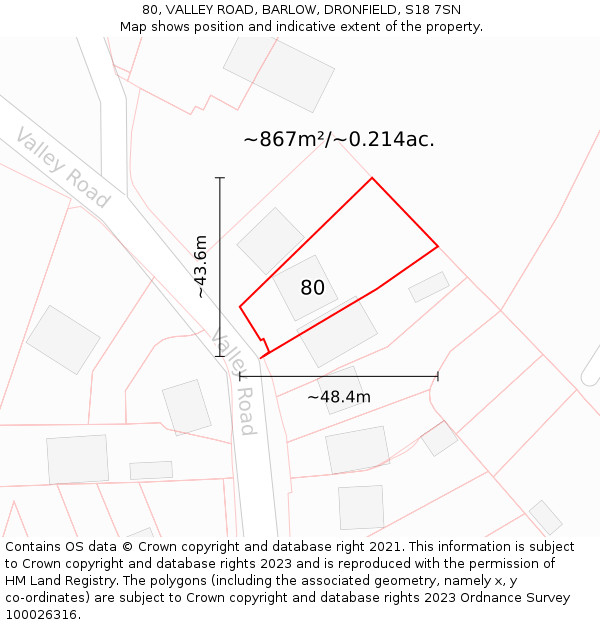 80, VALLEY ROAD, BARLOW, DRONFIELD, S18 7SN: Plot and title map