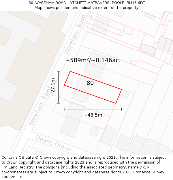 80, WAREHAM ROAD, LYTCHETT MATRAVERS, POOLE, BH16 6DT: Plot and title map