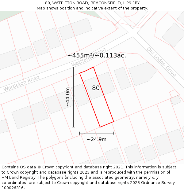 80, WATTLETON ROAD, BEACONSFIELD, HP9 1RY: Plot and title map