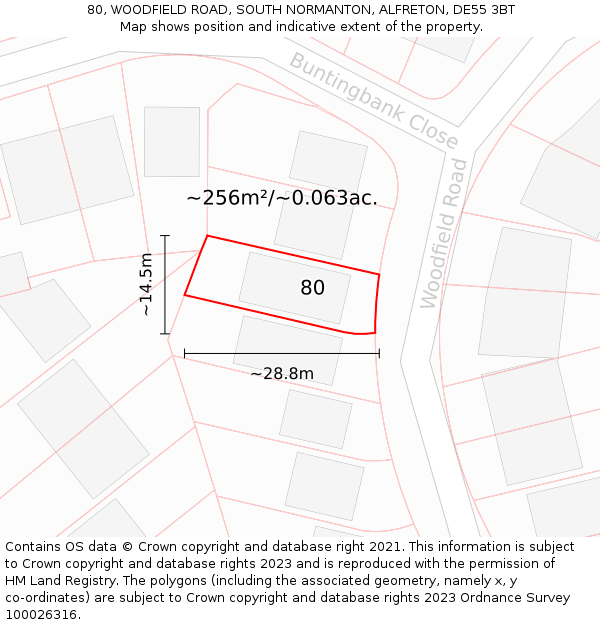 80, WOODFIELD ROAD, SOUTH NORMANTON, ALFRETON, DE55 3BT: Plot and title map