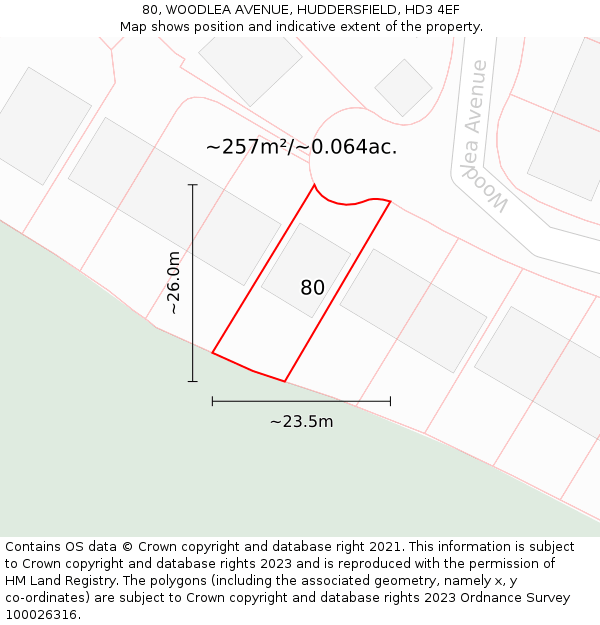 80, WOODLEA AVENUE, HUDDERSFIELD, HD3 4EF: Plot and title map