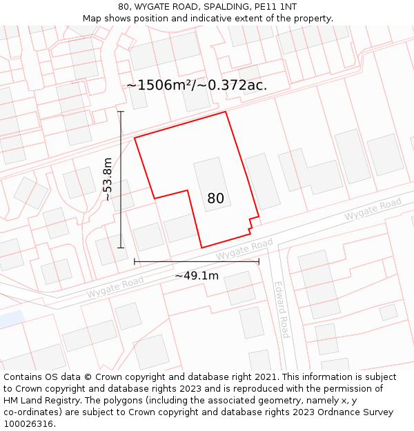 80, WYGATE ROAD, SPALDING, PE11 1NT: Plot and title map