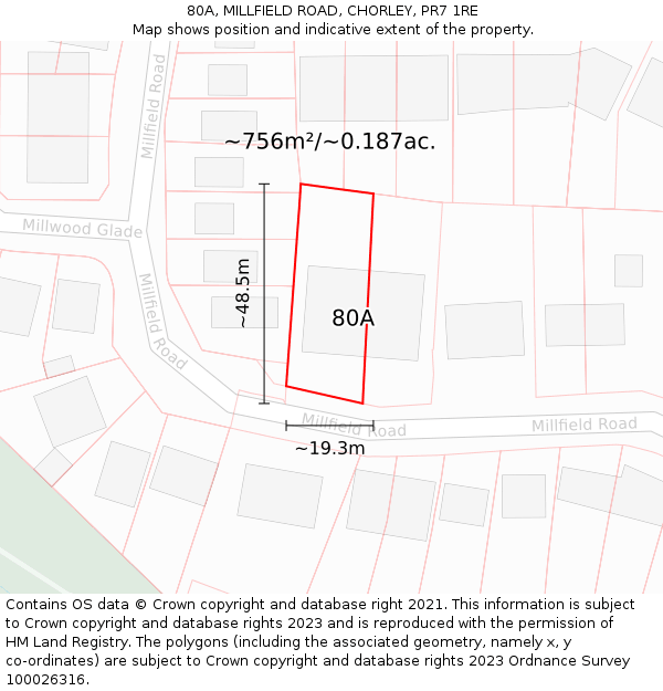 80A, MILLFIELD ROAD, CHORLEY, PR7 1RE: Plot and title map