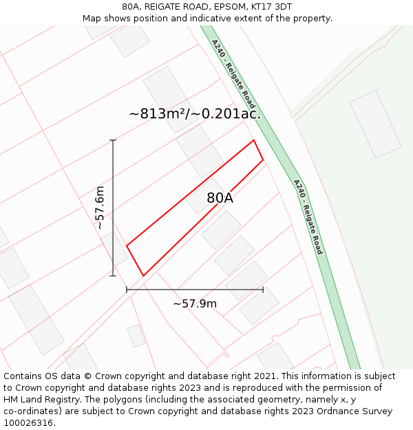 80A, REIGATE ROAD, EPSOM, KT17 3DT: Plot and title map