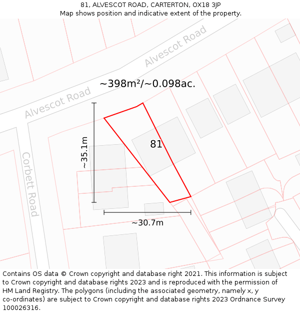 81, ALVESCOT ROAD, CARTERTON, OX18 3JP: Plot and title map