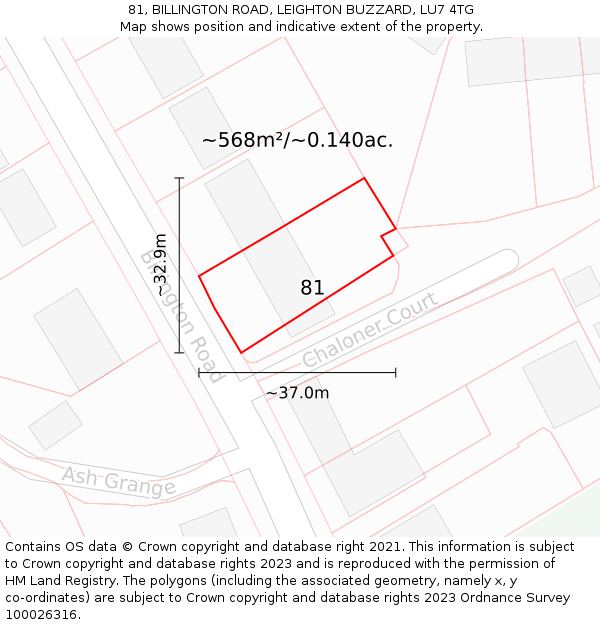 81, BILLINGTON ROAD, LEIGHTON BUZZARD, LU7 4TG: Plot and title map