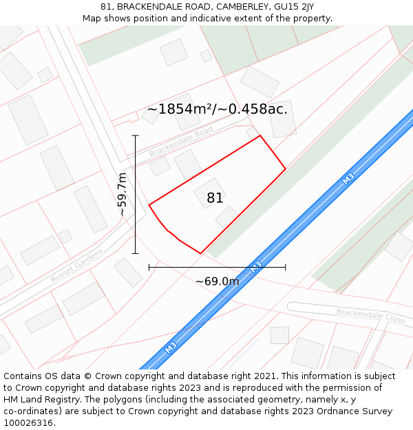 81, BRACKENDALE ROAD, CAMBERLEY, GU15 2JY: Plot and title map