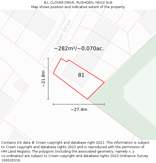 81, CLOVER DRIVE, RUSHDEN, NN10 0UE: Plot and title map