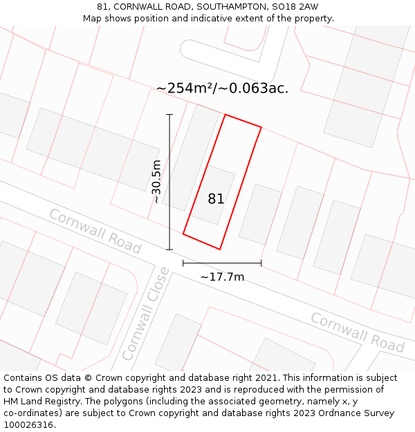 81, CORNWALL ROAD, SOUTHAMPTON, SO18 2AW: Plot and title map