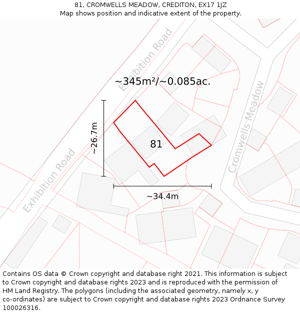 81, CROMWELLS MEADOW, CREDITON, EX17 1JZ: Plot and title map