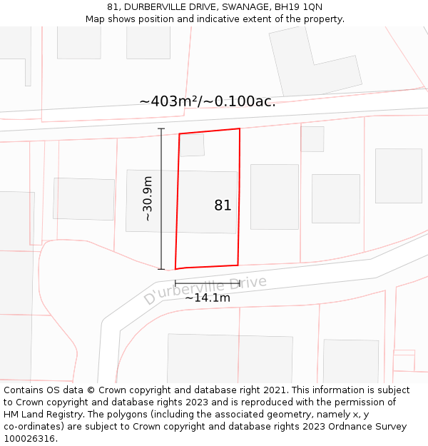 81, DURBERVILLE DRIVE, SWANAGE, BH19 1QN: Plot and title map