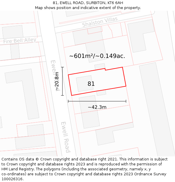 81, EWELL ROAD, SURBITON, KT6 6AH: Plot and title map