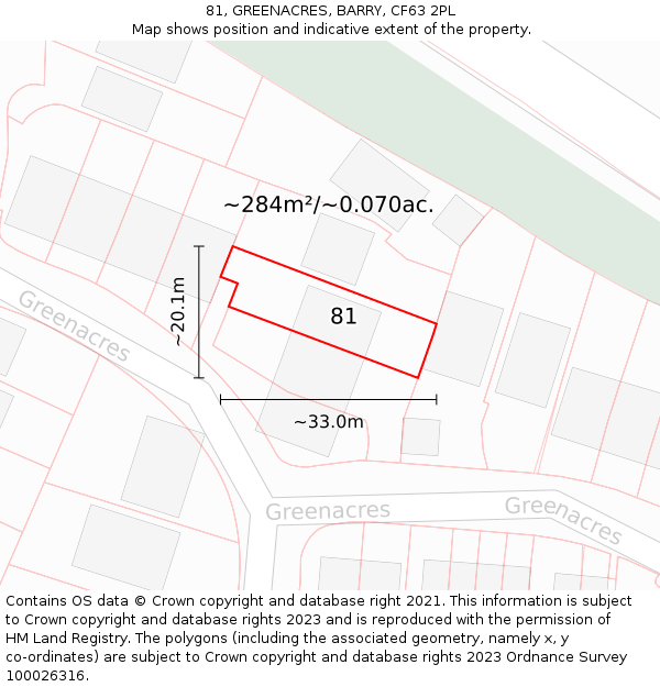 81, GREENACRES, BARRY, CF63 2PL: Plot and title map