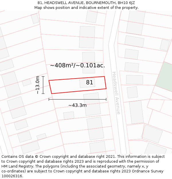 81, HEADSWELL AVENUE, BOURNEMOUTH, BH10 6JZ: Plot and title map