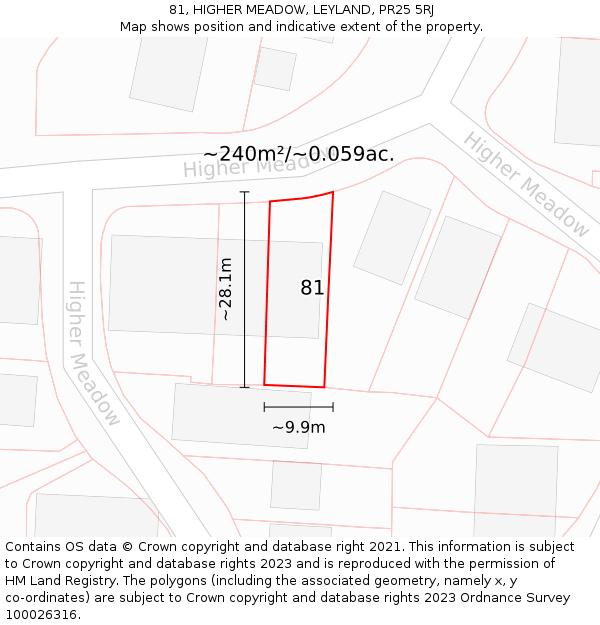 81, HIGHER MEADOW, LEYLAND, PR25 5RJ: Plot and title map