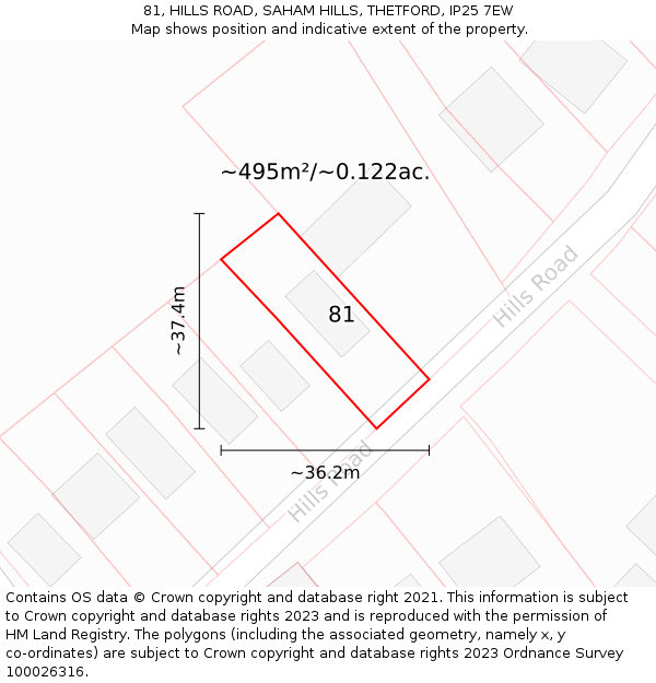 81, HILLS ROAD, SAHAM HILLS, THETFORD, IP25 7EW: Plot and title map