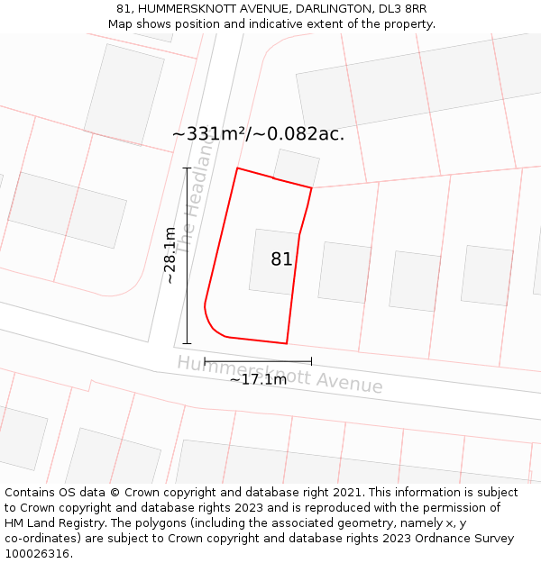 81, HUMMERSKNOTT AVENUE, DARLINGTON, DL3 8RR: Plot and title map