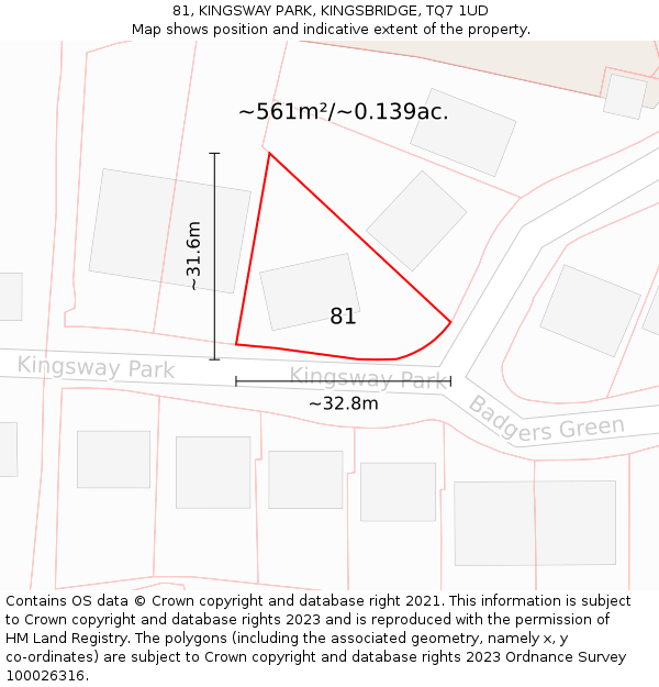 81, KINGSWAY PARK, KINGSBRIDGE, TQ7 1UD: Plot and title map
